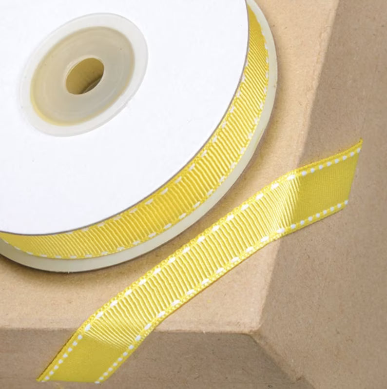 Lime Yellow Grosgrain Ribbon with White Saddle Stitched Edges 18mtr