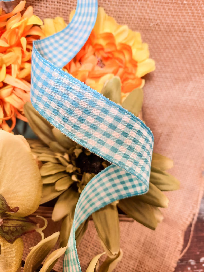 Blue Gingham Wire Edged Ribbon