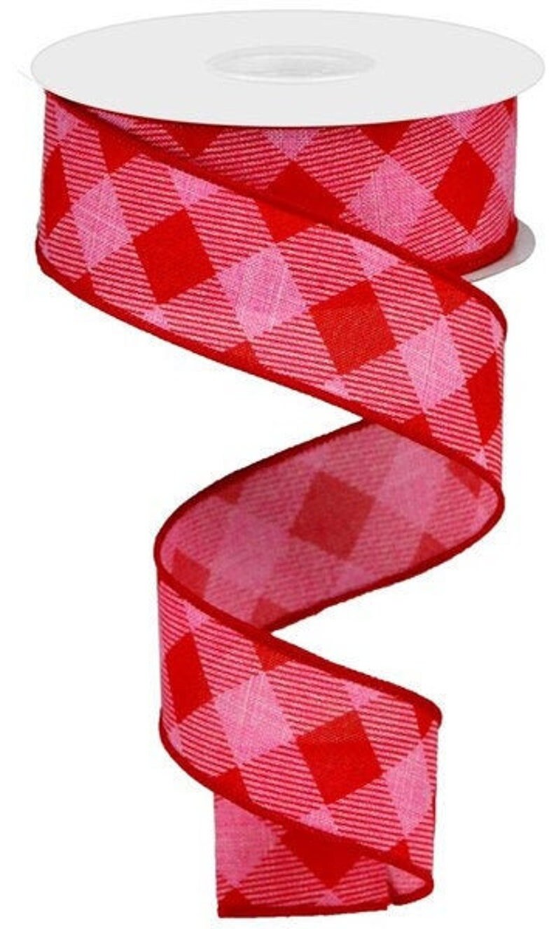 Striped/plaid Pink/Red diagonal, wired ribbon