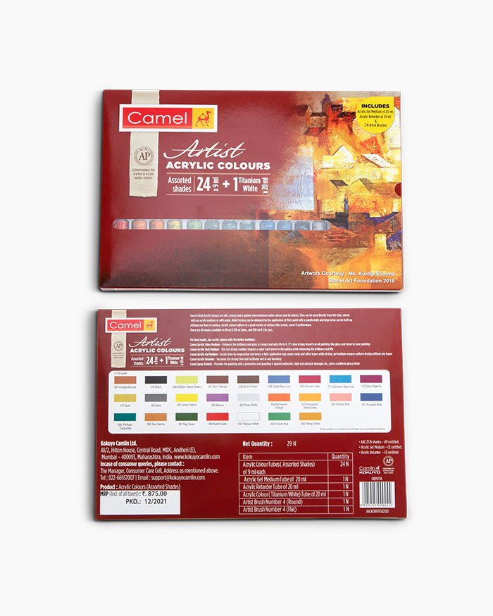 Camel  Artist  Acrylic  Colours  Assorted (pack of 24 shades in 9ml,1 shade in 20ml)