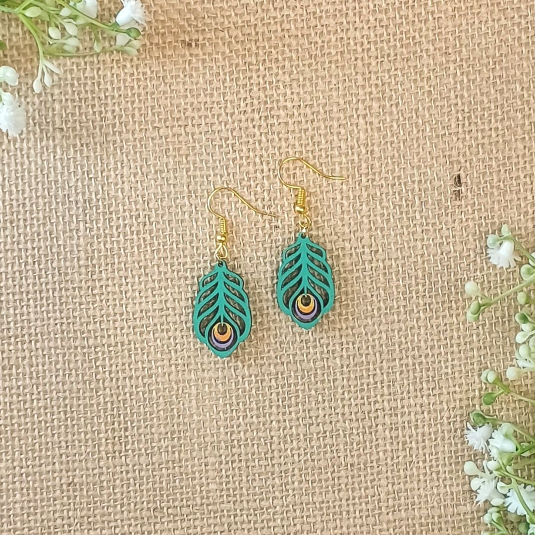 Mini Peacock feathers  Wooden Earrings - Hand Painted