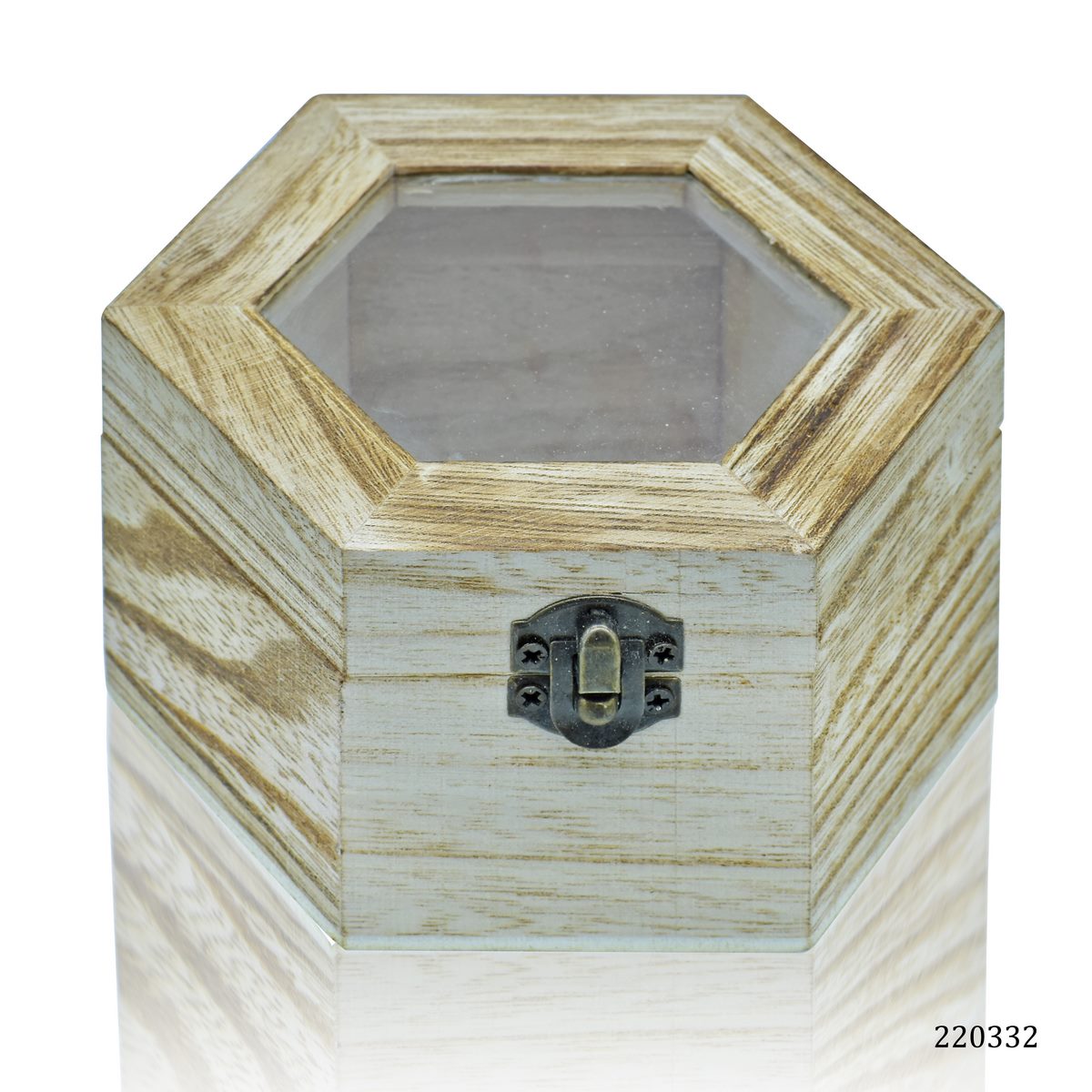 Wooden Empty Box Top Window Antique Finish Hexagon 220332