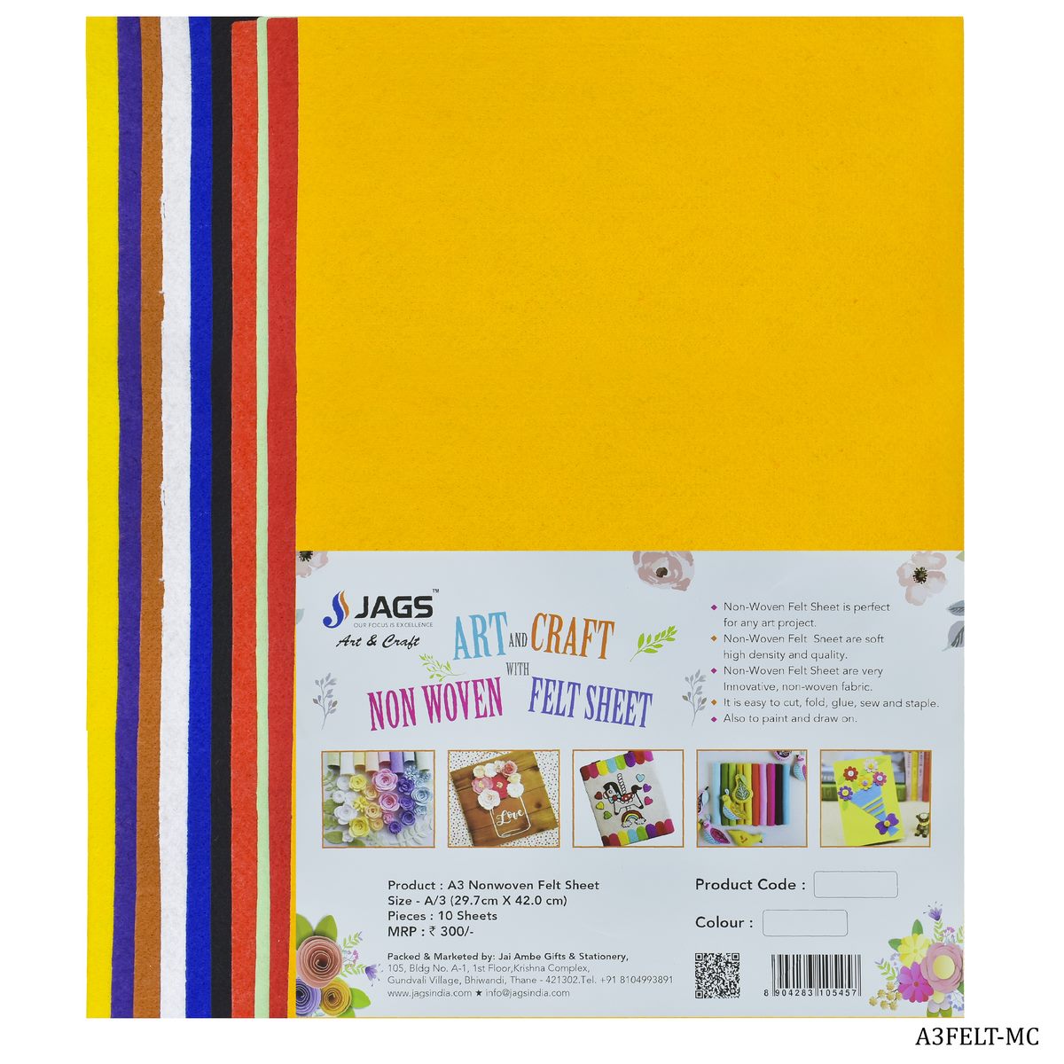 A3 Nonwoven Felt Sheet 10pcs Multi Color A3FELT-MC