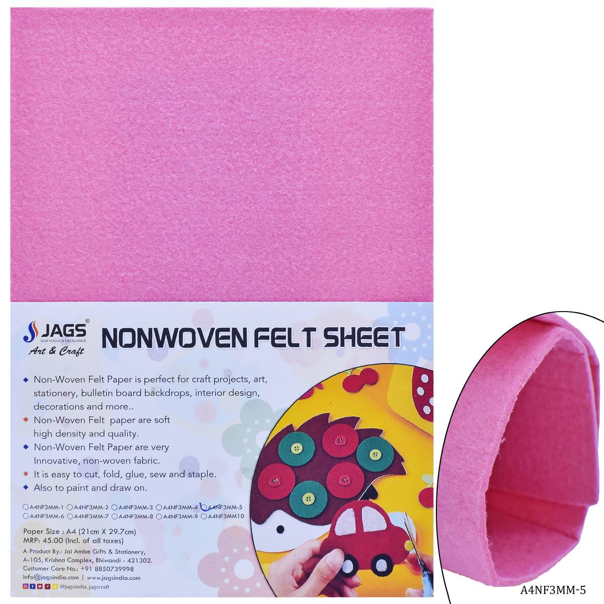A4 Nonwoven Felt Sheet 3 MM 1 Pcs Baby Pink A4NF3MM-5