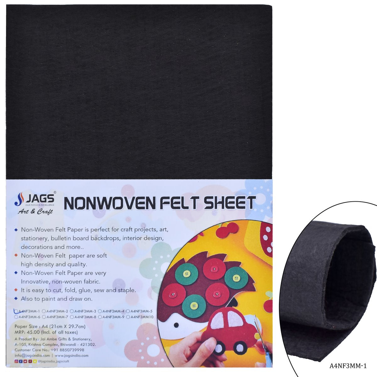 A4 Nonwoven Felt Sheet 3 MM 1 Pcs Black A4NF3MM-1