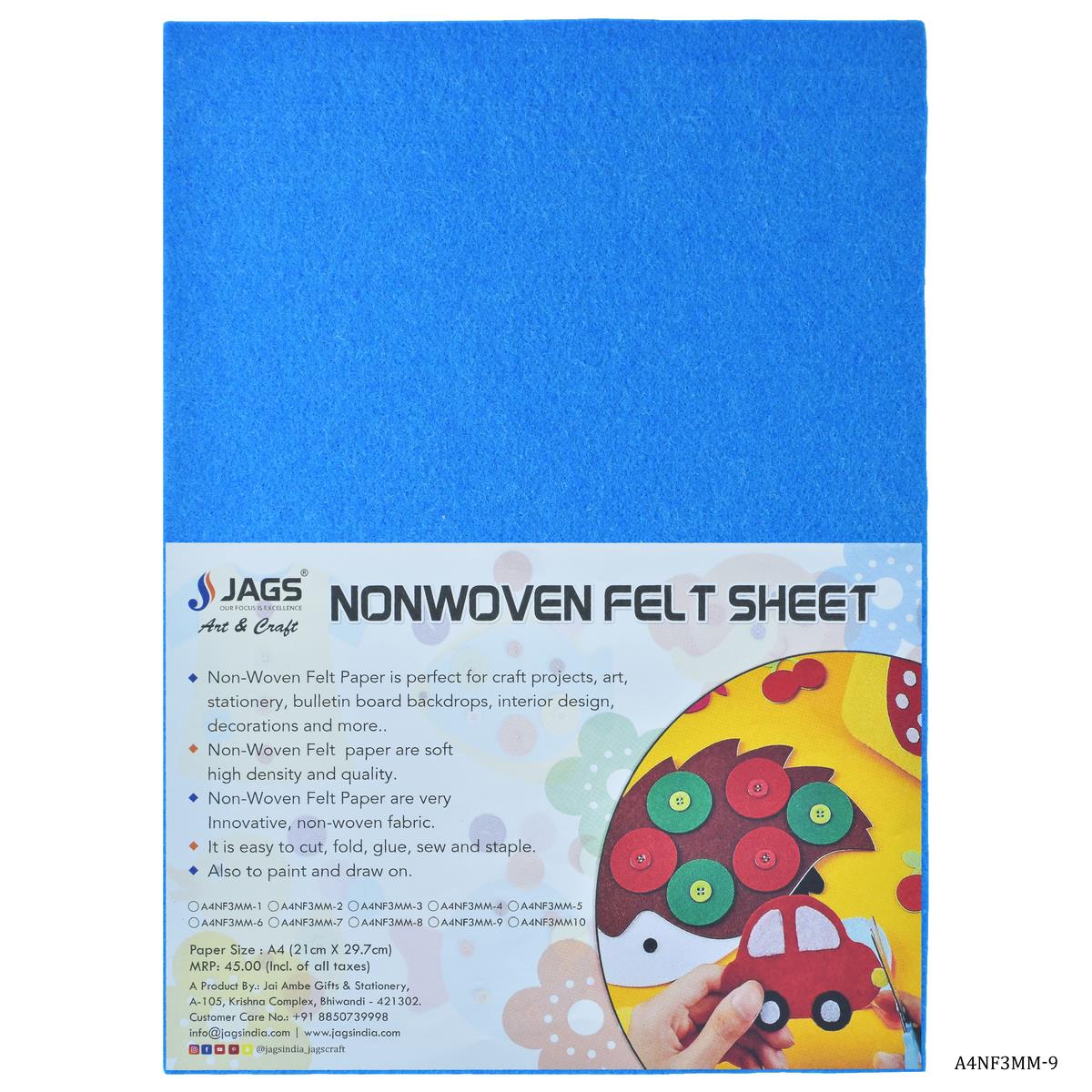 A4 Nonwoven Felt Sheet 3 MM 1 Pcs Blue A4NF3MM-9