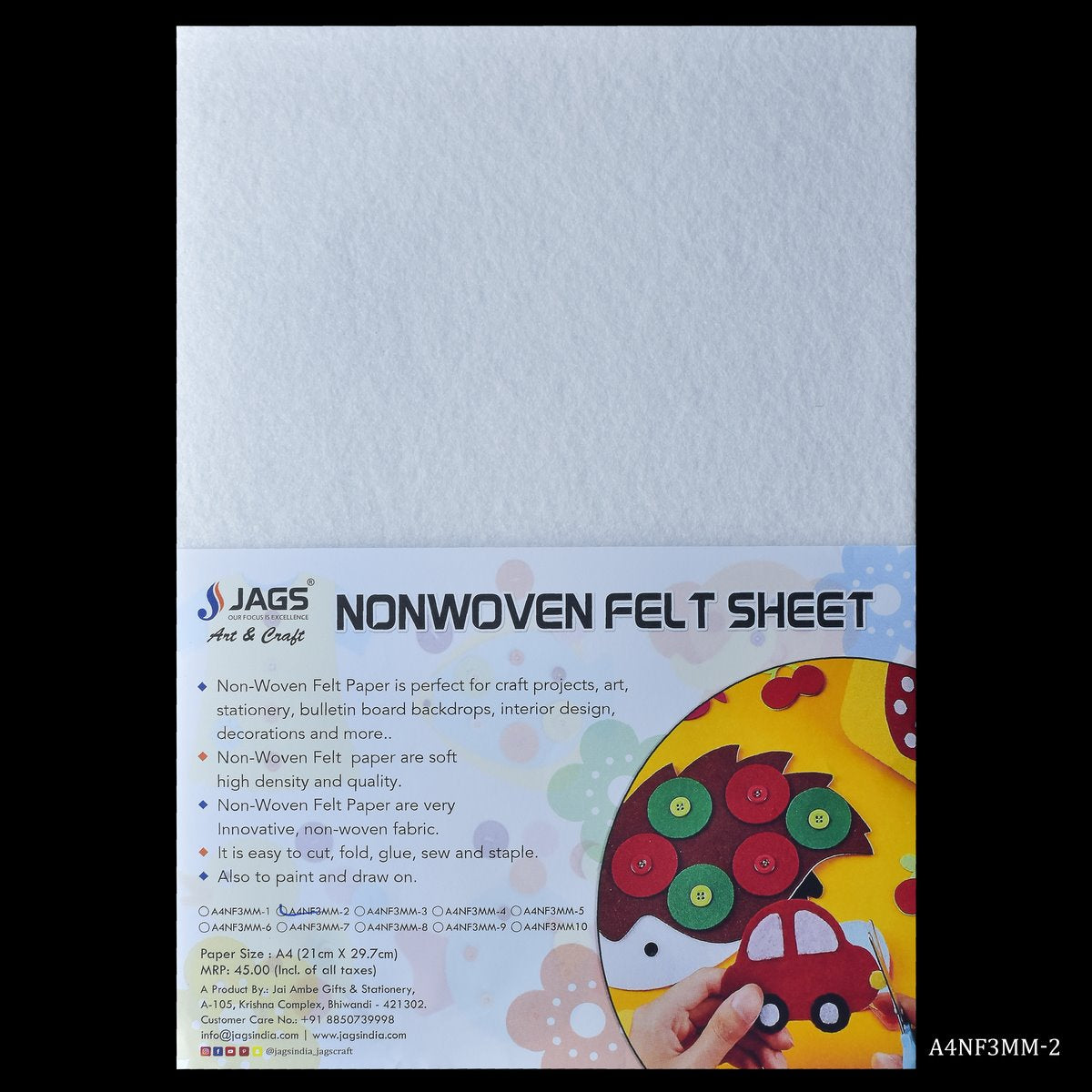 A4 Nonwoven Felt Sheet 3 MM 1 Pcs White A4NF3MM-2