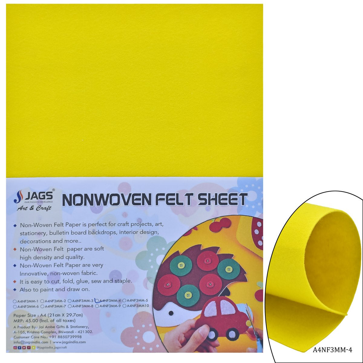 A4 Nonwoven Felt Sheet 3 MM 1 Pcs Yellow A4NF3MM-4