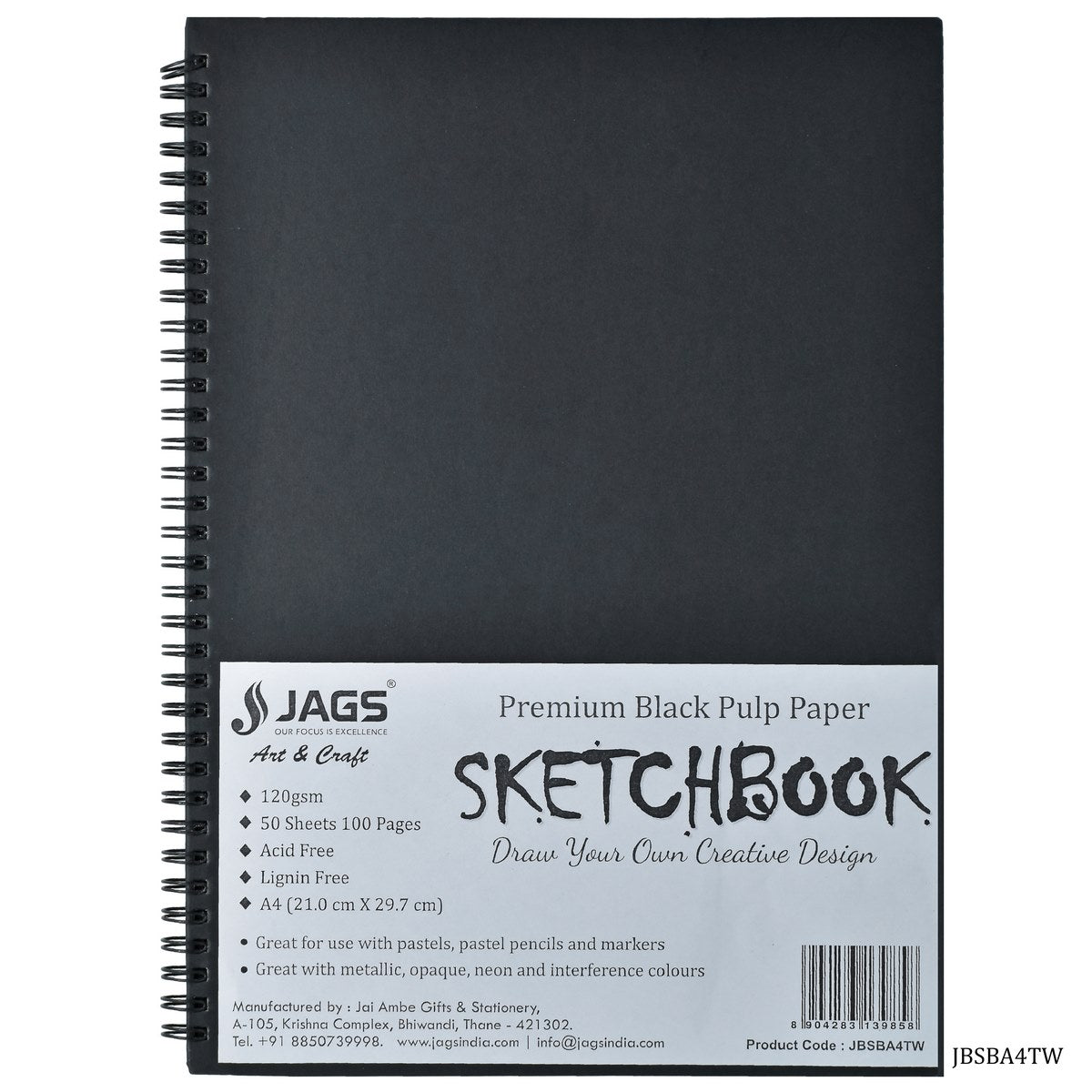 Jags Black Sketch Book A4 100Pgs 120Gsm Side Wrio JBSBA4TW