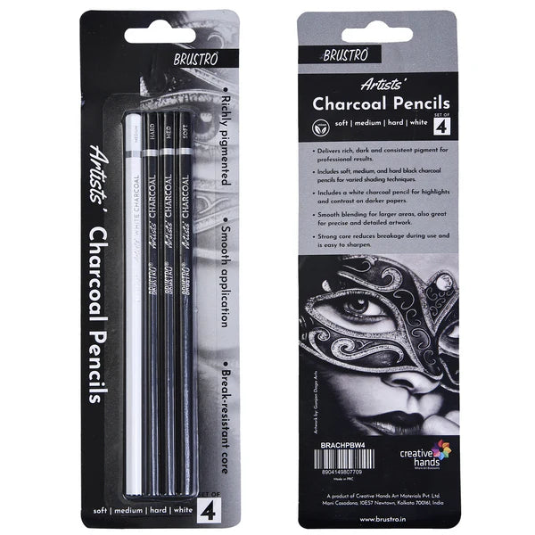BRUSTRO Artists Charcoal Pencil - Set of 4 (3 Black Shade - Soft, Medium, Hard and 1 White - Medium)