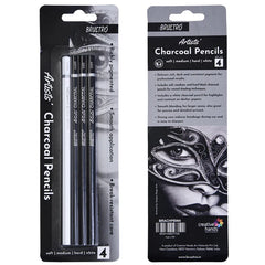 BRUSTRO Artists Charcoal Pencil - Set of 4 (3 Black Shade - Soft, Medium, Hard and 1 White - Medium)