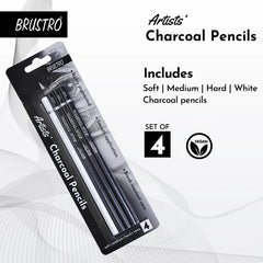 BRUSTRO Artists Charcoal Pencil - Set of 4 (3 Black Shade - Soft, Medium, Hard and 1 White - Medium)