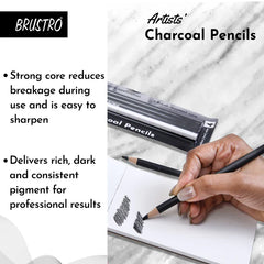 BRUSTRO Artists Charcoal Pencil - Set of 4 (3 Black Shade - Soft, Medium, Hard and 1 White - Medium)