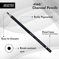 BRUSTRO Artists Charcoal Pencil - Set of 4 (3 Black Shade - Soft, Medium, Hard and 1 White - Medium)