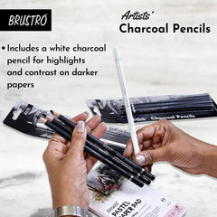 BRUSTRO Artists Charcoal Pencil - Set of 4 (3 Black Shade - Soft, Medium, Hard and 1 White - Medium)